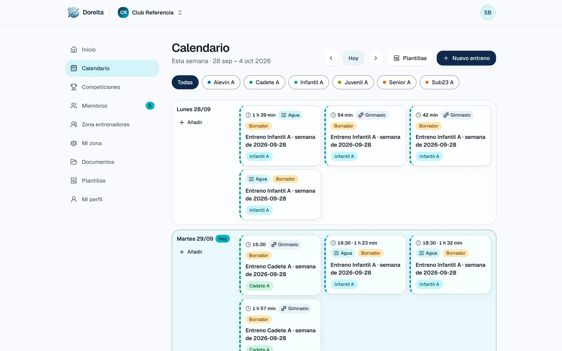 Calendario semanal de entrenos de Dorelta