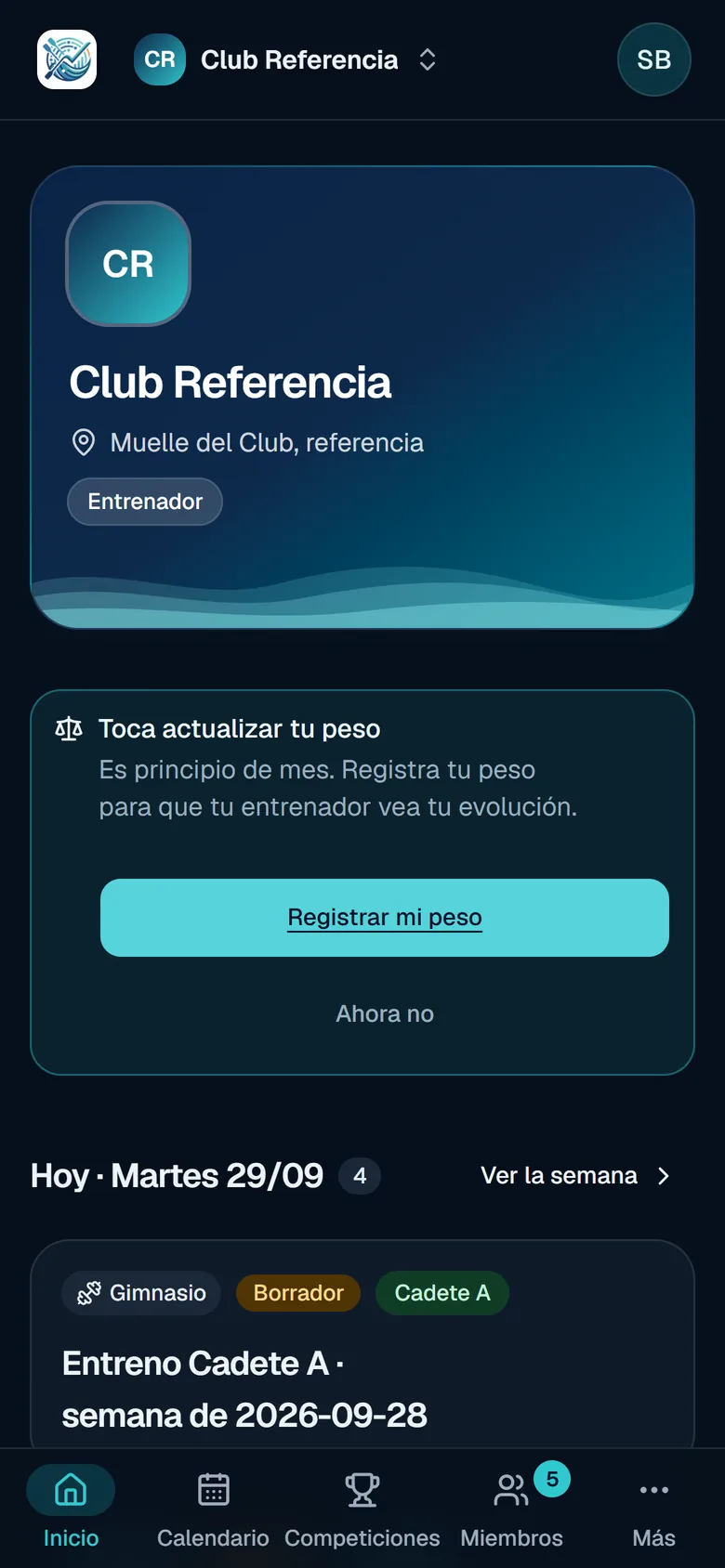 Inicio del club en la app móvil de Dorelta