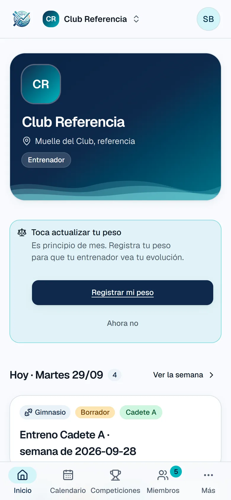 Inicio del club en la app móvil de Dorelta